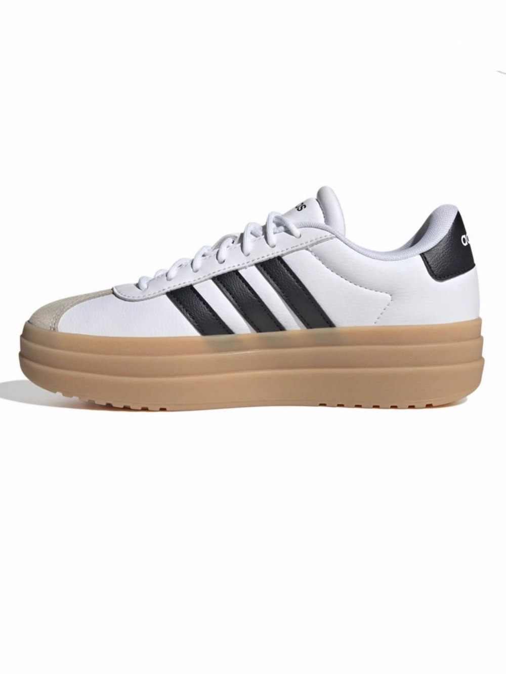 adidas White Sneakers with Black Stripes and Gum Platform Sole